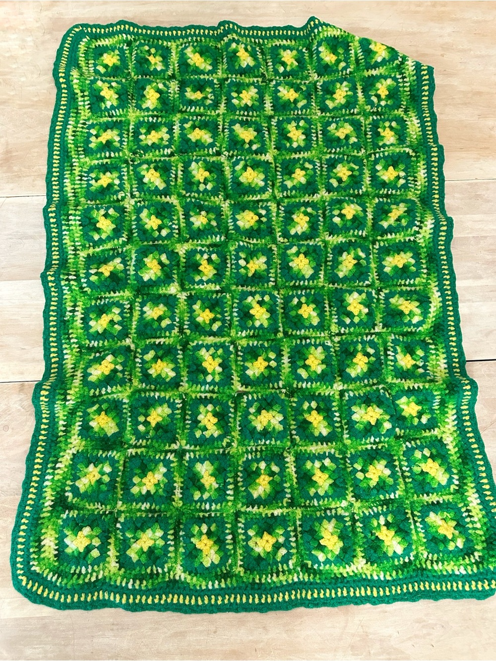 Handmade Green & Yellow Granny Square Crochet Throw